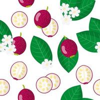 Vector cartoon seamless pattern with Cattley guava exotic fruits, flowers and leafs on white background