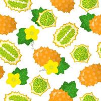 Vector cartoon seamless pattern with Cucumis metuliferus or Kiwano exotic fruits, flowers and leafs on white background