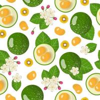 Vector cartoon seamless pattern with Caryocar brasiliense or pequi exotic fruits, flowers and leafs on white background