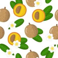 Vector cartoon seamless pattern with Mammea americana exotic fruits, flowers and leafs on white background