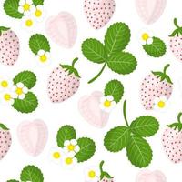 Vector cartoon seamless pattern with White strawberries or Pineberry exotic fruits, flowers and leaf on white background