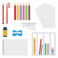 Stationery set in flat style. Drawing tools such as pencil, eraser, drawing paper binder,  pencil sharpener, drawing pen, colorful pencil etc. Equipments for artist, school. Vector illustration