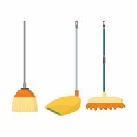 Broom, mop and dustpan vector cartoon flat icons. Household and house cleaning tools concept. Set of cleaning house supplies isolated on a white background. Vector illustration of cleaning utensils