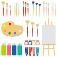 Set of painting tools elements cartoon colorful vector concept. Art supplies easel, canvas, paint tubes, textile paint, brushes with different models etc. Vector creative materials illustration