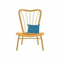 Comfortable rattan chair with cushion. Furniture for rest relaxation cartoon design isolated on white background. Picnic outdoor or summer holiday concept. Vector flat style illustration
