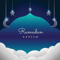 Tarjeta de felicitación de Ramadán Kareem con luna decorativa y fondo islámico de linterna estrella vector