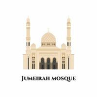Jumeirah Mosque is a mosque in Dubai City. Highly recommended to visit. Tourist attractions, historical buildings, modern architecture. Must see since it is a land mark of Dubai. Flat cartoon vector