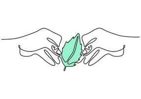 Continuous one line drawing of hands holding a plant. Concept of growing and love earth. Back to nature theme isolated on white background with minimalist style. Vector earth day illustration