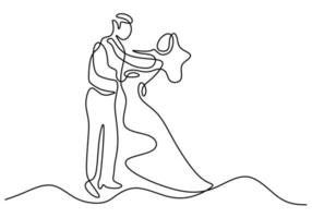 Continuous one line drawing of couple dance isolated on white background. Man with tuxedo and woman with elegant gown doing romantic dancing minimalism design. Vector sketch illustration