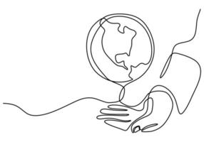 dibujo continuo de una línea de manos sosteniendo el globo terráqueo aislado sobre fondo blanco. tema del día de la tierra. una mano humana que sostiene el diseño del bosquejo dibujado a mano del contorno de la tierra del planeta del mundo. ilustración vectorial vector