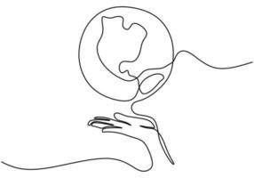 Continuous one line drawing of hands holding Earth globe isolated on white background. Earth Day theme. A human hand holding world planet earth contour hand drawn sketch design. Vector illustration