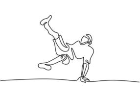 One continuous line drawing of young sporty break dancer man show hiphop dance style with casual shirt and wearing face mask. Lifestyle sport concept isolated on white background. Vector illustration