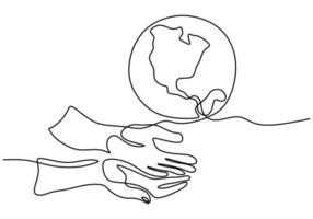 dibujo continuo de una línea de manos sosteniendo el globo terráqueo aislado sobre fondo blanco. tema del día de la tierra. una mano humana que sostiene el diseño del bosquejo dibujado a mano del contorno de la tierra del planeta del mundo. ilustración vectorial vector