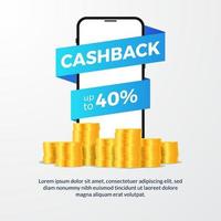 cashback promotion for e commerce site with 3d phone and dollar golden coin illustration concept for banner flyer poster vector