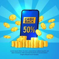 cashback promotion for e commerce site with 3d phone and dollar golden coin illustration concept for banner flyer poster vector