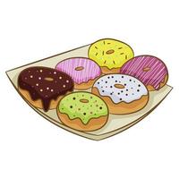 un conjunto de coloridos donuts en glaseado en un plato, aislado en un fondo blanco. ilustración vectorial en estilo plano de dibujos animados. vector