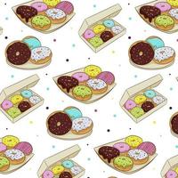 Seamless pattern of colorful donuts in icing, isolated on a white background. Vector illustration in cartoon flat style.