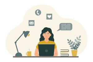 The girl at the desk looks at the laptop screen. The concept of online learning, communication by video, in chats and by mail. Vector image in a flat cartoon style