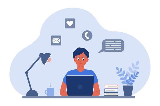 The guy at the desk looks at the laptop screen. The concept of online learning, communication by video, in chats and by mail. Vector image in a flat cartoon style