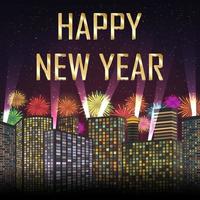 Happy new year with fireworks on city background vector