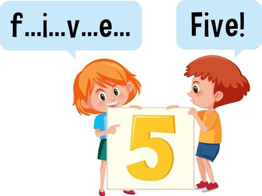 Cartoon character of two kids spelling the number five