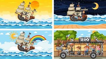 Set of different scenes with animals in the zoo and pirate ship at the sea vector
