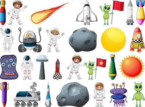 Set of space objects and elements isolated on white background vector