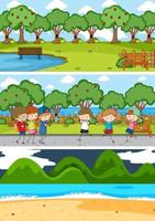 Set of different horizontal scenes background with doodle kids cartoon character vector