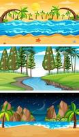 Conjunto de diferentes escenas horizontales del bosque en diferentes momentos. vector