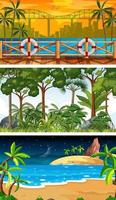 Tres escenas horizontales de bosque diferentes. vector