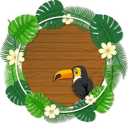 Round green leaves banner template with a toucan cartoon character