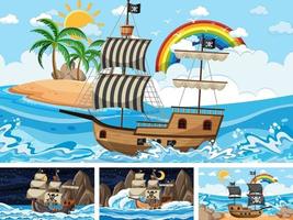 Set of Ocean with Pirate ship at different times scenes  in cartoon style vector