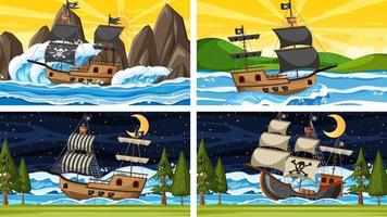 Set of ocean scenes at different times with Pirate ship in cartoon style vector