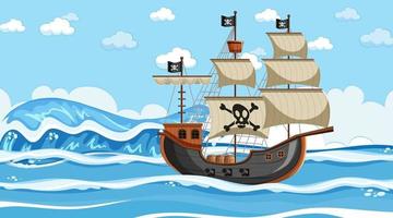 Ocean scene at day time with Pirate ship in cartoon style vector