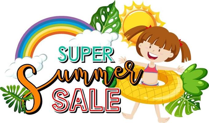 Super Summer Sale banner with a girl and summer elements
