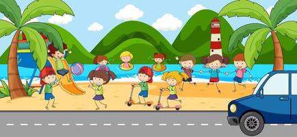 Escena de playa con muchos niños doodle personaje de dibujos animados vector