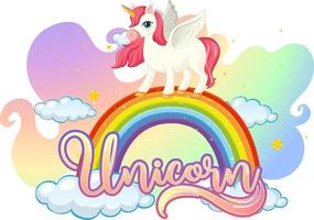 personaje de dibujos animados de unicornio de pie sobre un arco iris con fuente de unicornio vector