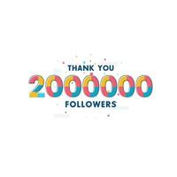 Gracias celebración de 2000000 seguidores, tarjeta de felicitación para 2 millones de seguidores en redes sociales. vector