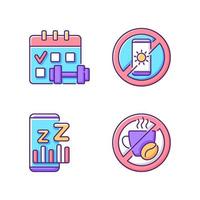 Recommendations to prevent insomnia RGB color icons set vector