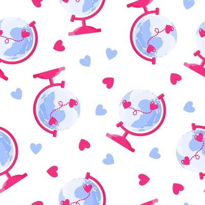 Seamless pattern of Earth globe with the coordinates of lovers for the wedding or Valentine's Day.