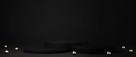 3d rendering of pedestal isolated on black background with gold elements photo