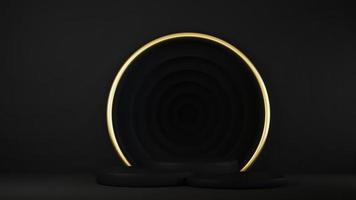 3d rendering of pedestal isolated on black background with gold elements photo