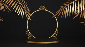 Pedestal isolated on black background with gold frame photo