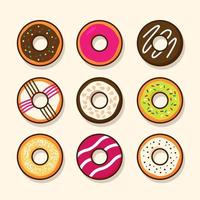 Top view cute cartoon colorful sweet donuts various style toppings vector