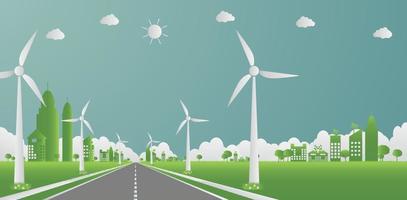 Ecología de fábrica, icono de la industria, turbinas eólicas con árboles y energía limpia del sol con ideas de concepto ecológico vial ilustración vectorial. vector