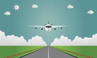 avión aterriza en el aeropuerto en la pista de aterrizaje de un avión o despegando ilustración vectorial. vector