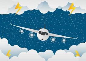 The plane flies through clouds. rainy Day and lightning in clouds, vector illustration. on abstract background.paper art.vector illustration