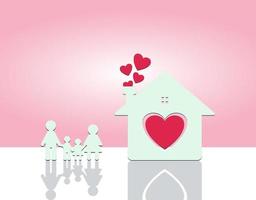 Happy family at home. Mom and Dad stand hand in hand with boy and girl. Heart inside home on pink background vector