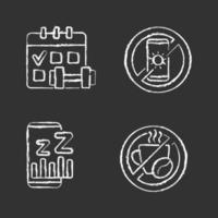 Recommendations to prevent insomnia chalk white icons set on black background vector