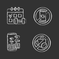 Recomendaciones para prevenir el insomnio, conjunto de iconos de tiza blanca sobre fondo negro vector